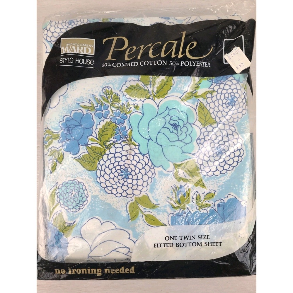 Vintage PercaleTwin Fitted Bottom Sheet Montgomery Wards Style House Blue Floral